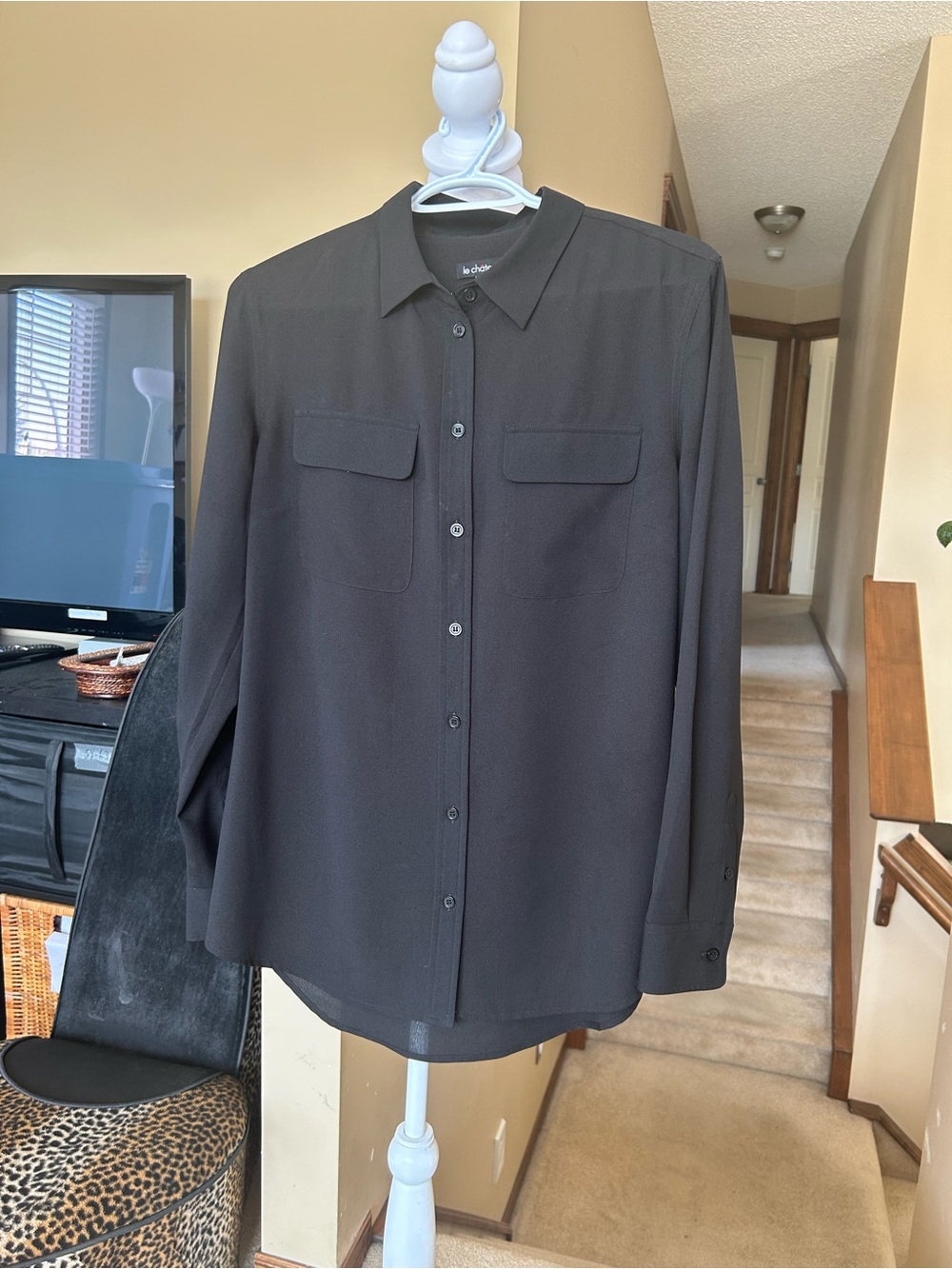 Black Button-Front Semi Sheer Blouse